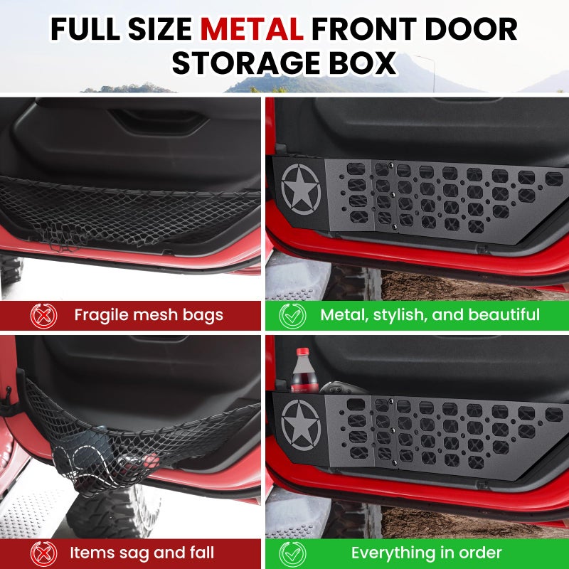 DIAMOOKY Metal Front Door Pocket Storage Box for Jeep Wrangler JL JLU 4XE 2018-2025 & Gladiator JT 2020-2022 2023 2024 2025 Accessories Door Organizer Storage Molle Panels (Not for Power Seats)  2PCS - Image 5